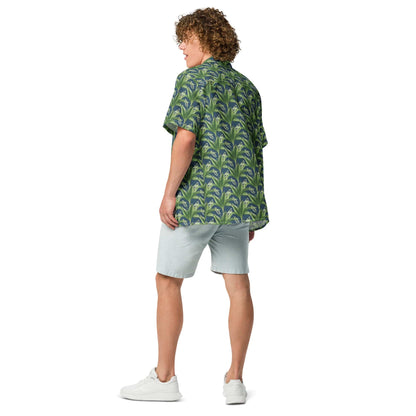 Green leafy print short-sleeve button-up shirt, back view with light shorts.
