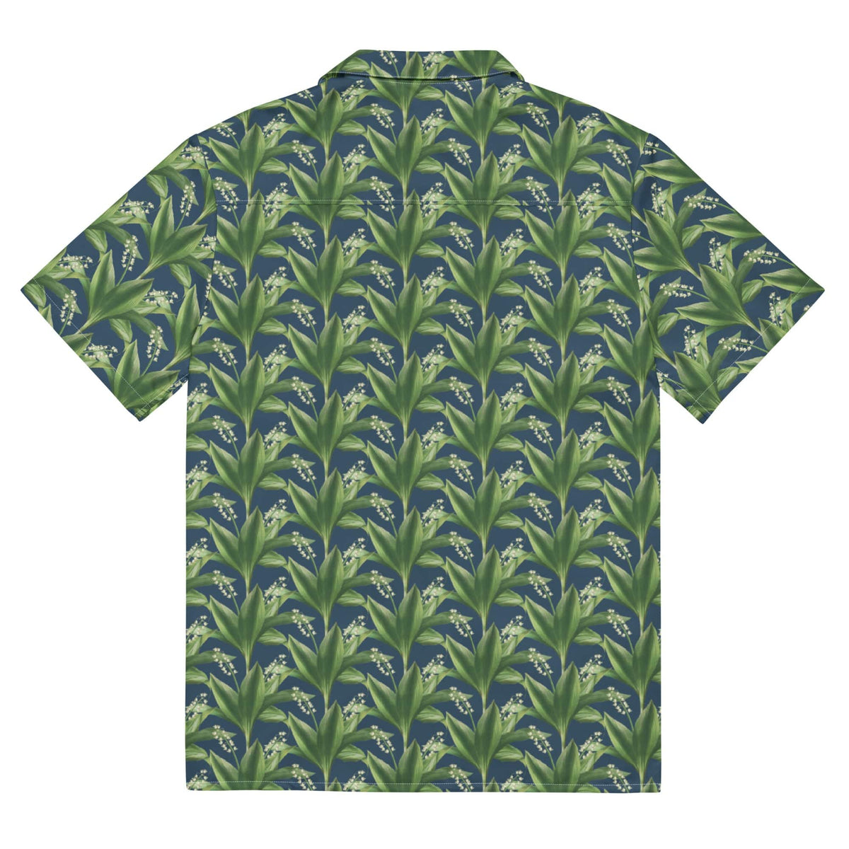 Short-sleeve button-up shirt with green leafy pattern and camp collar.