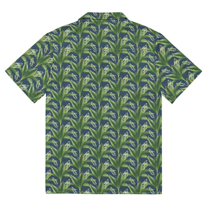 Short-sleeve button-up shirt with green leafy pattern and camp collar.