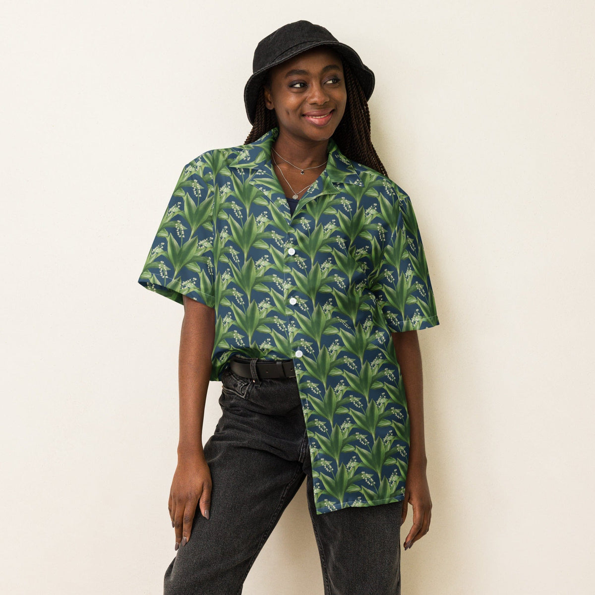 Green Island floral summer shirt, short-sleeve button-up with green leaf print