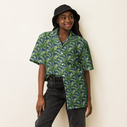 Green Island floral summer shirt, short-sleeve button-up with green leaf print