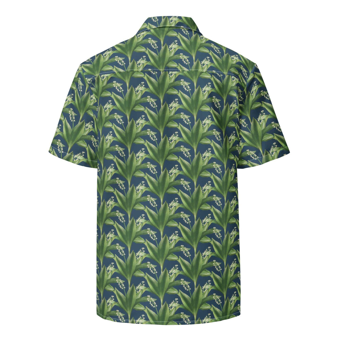 Green Island floral summer shirt, short-sleeve back view with green leaf print