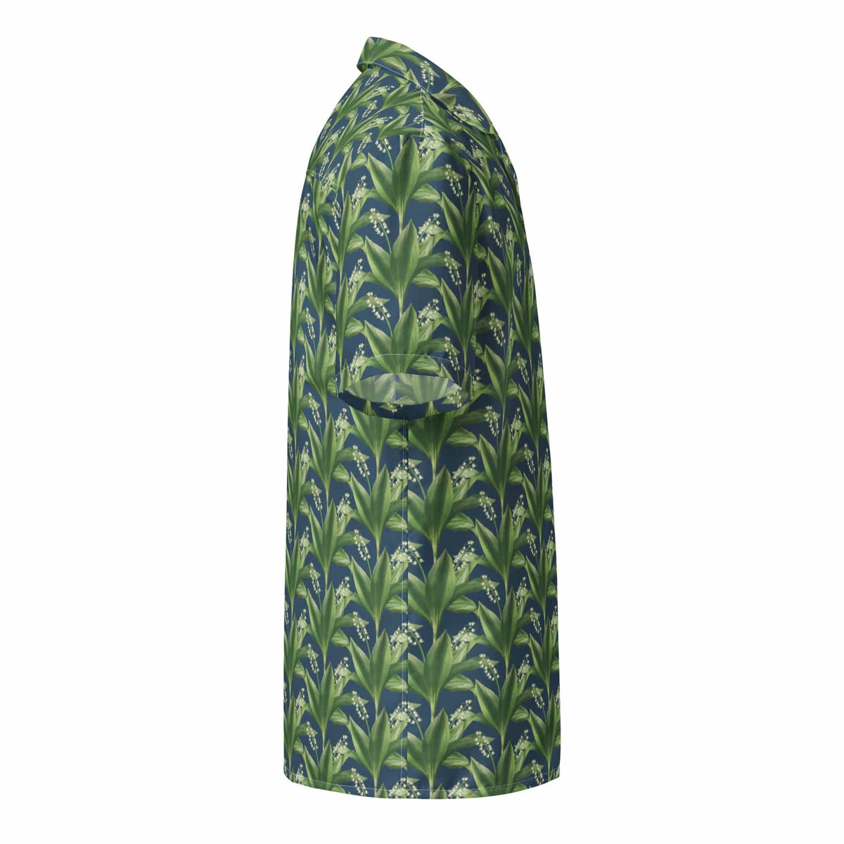 Green Island floral summer shirt, side view with green leaf print and short sleeves