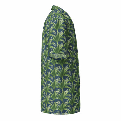 Green Island floral summer shirt, side view with green leaf print and short sleeves