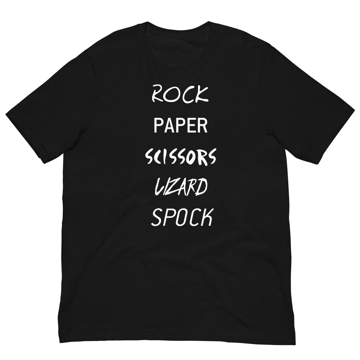 Black graphic T-shirt with white “Rock Paper Scissors Lizard Spock” lettering