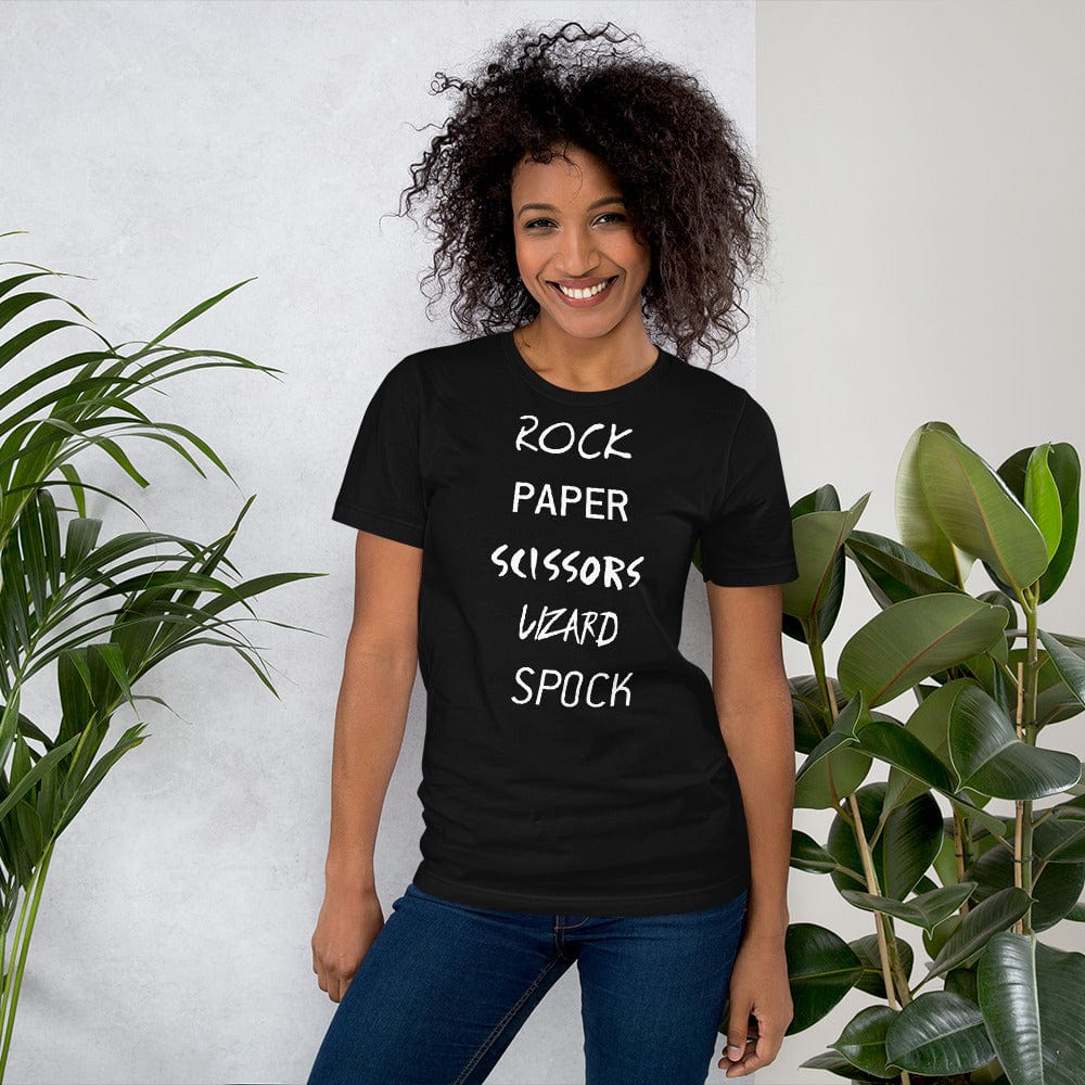 Black T-shirt with white “Rock Paper Scissors Lizard Spock” graphic lettering