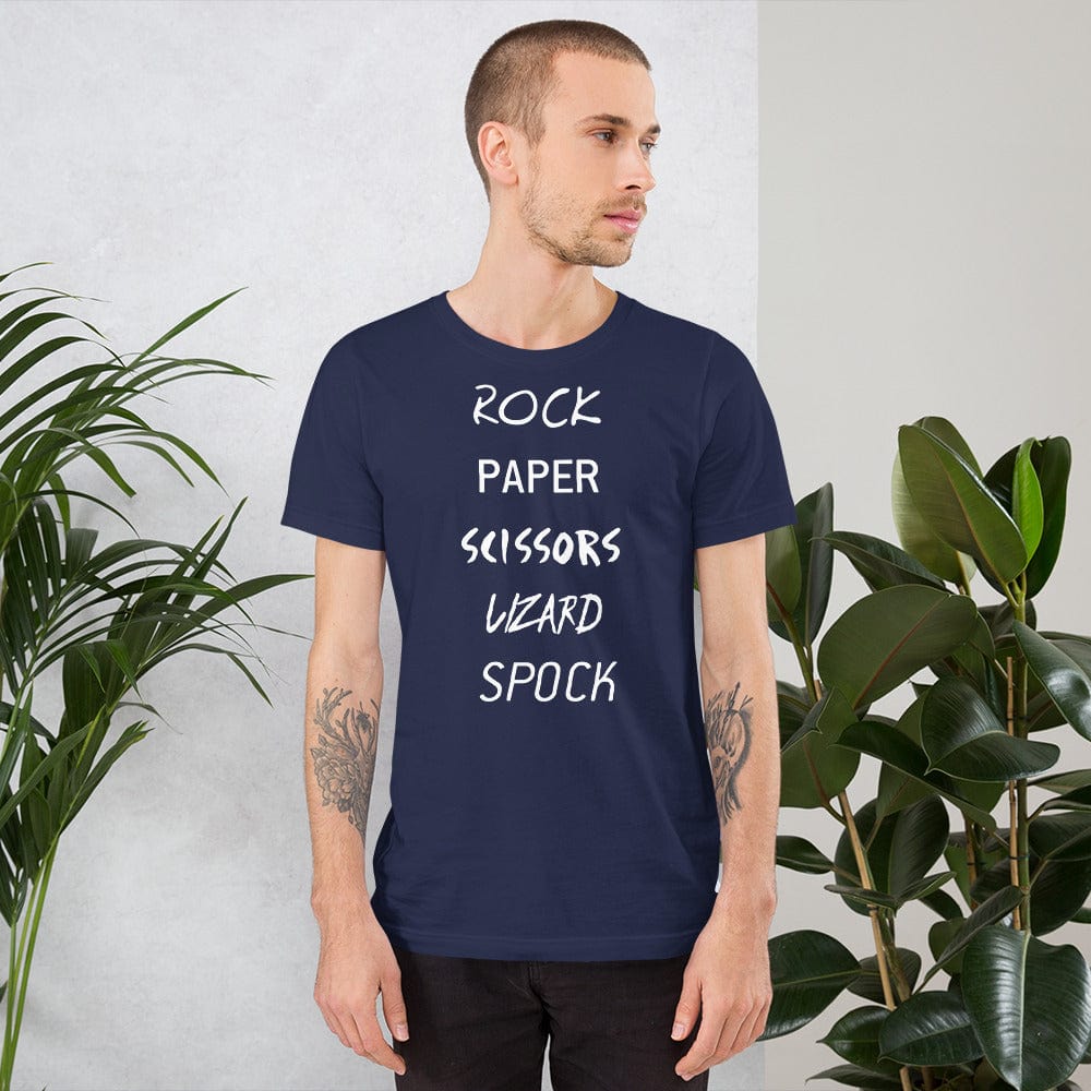 Navy T-shirt with white “Rock Paper Scissors Lizard Spock” graphic lettering