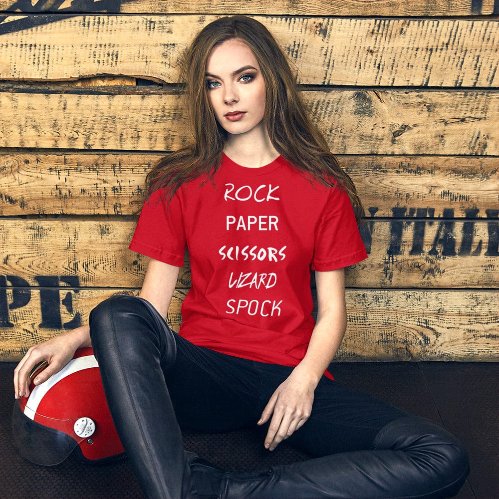 Red graphic T-shirt with white “Rock Paper Scissors Lizard Spock” lettering