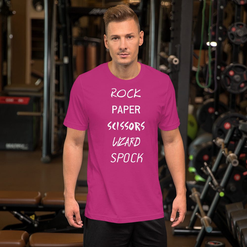 Pink/magenta T-shirt with white “Rock Paper Scissors Lizard Spock” graphic lettering
