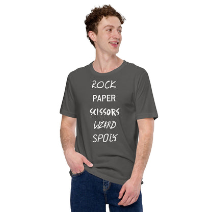 Dark gray T-shirt with white “Rock Paper Scissors Lizard Spock” graphic lettering