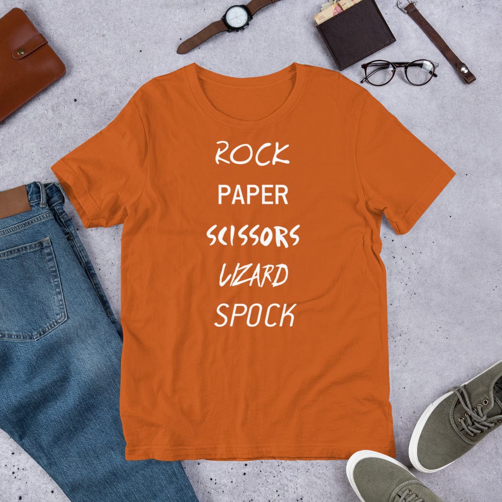 Orange T-shirt with white “Rock Paper Scissors Lizard Spock” graphic lettering