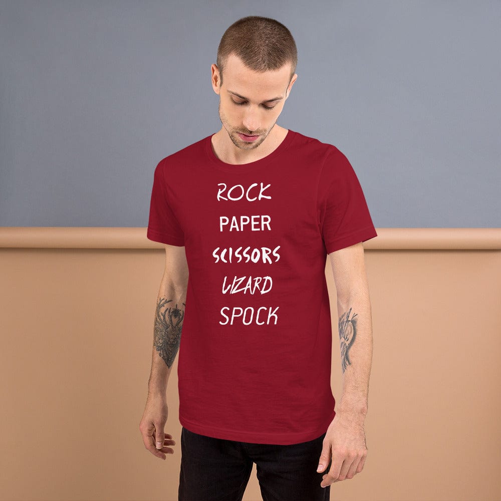 Dark red T-shirt with white “Rock Paper Scissors Lizard Spock” graphic lettering