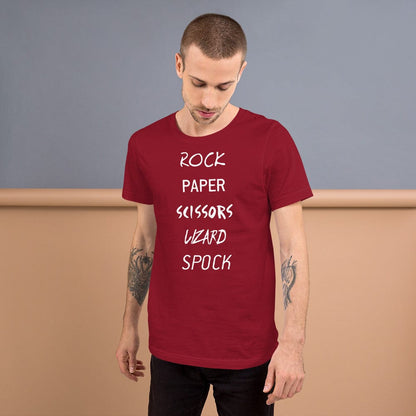Dark red T-shirt with white “Rock Paper Scissors Lizard Spock” graphic lettering