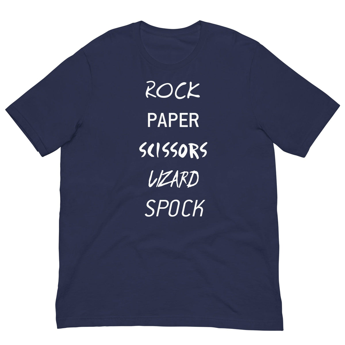Navy graphic T-shirt with white “Rock Paper Scissors Lizard Spock” lettering