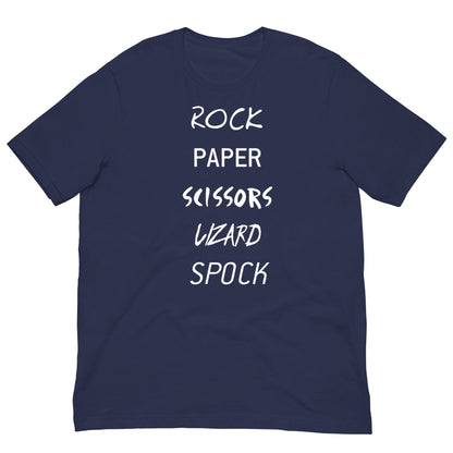 Navy graphic T-shirt with white “Rock Paper Scissors Lizard Spock” lettering