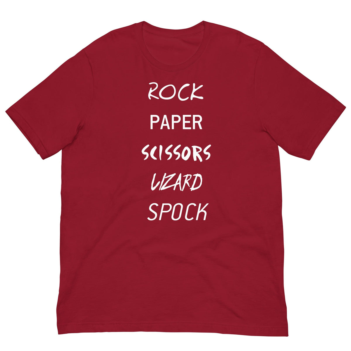 Red T-shirt with white 'ROCK PAPER...' game graphic