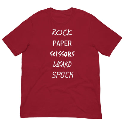 Red T-shirt with white 'ROCK PAPER...' game graphic