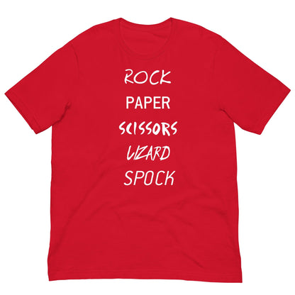 Red T-shirt with white 'ROCK PAPER...' vertical text graphic