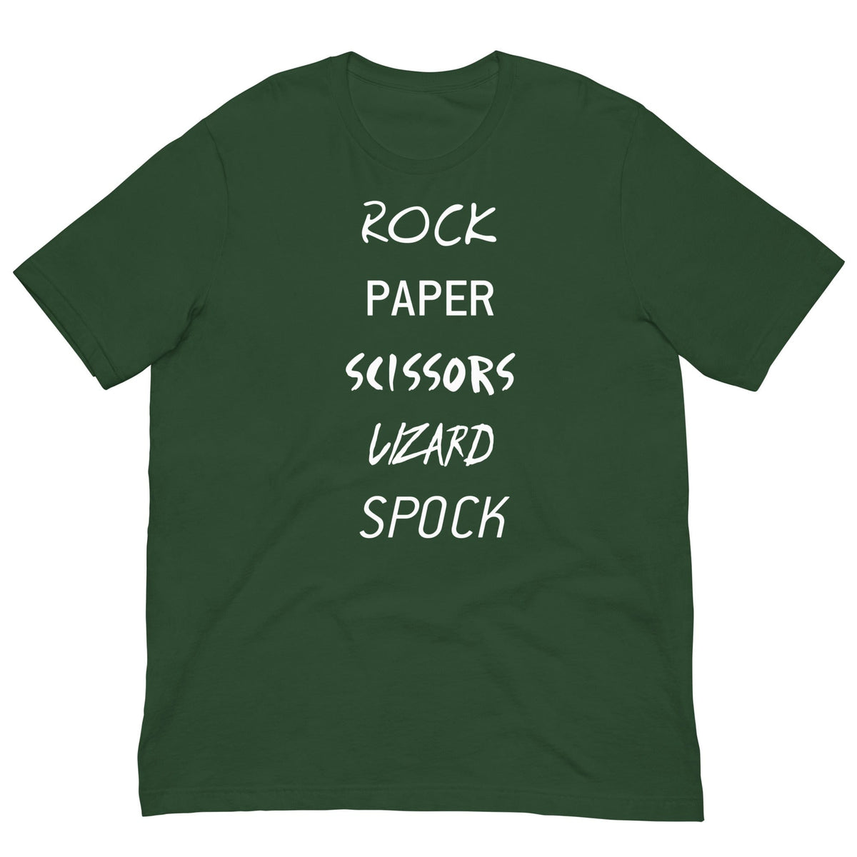 Green T-shirt with white 'ROCK PAPER...' game graphic