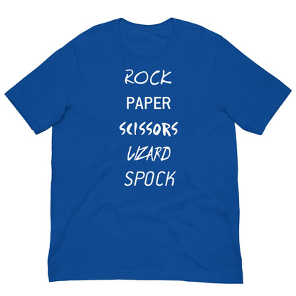 Blue T-shirt with white 'ROCK PAPER...' game graphic