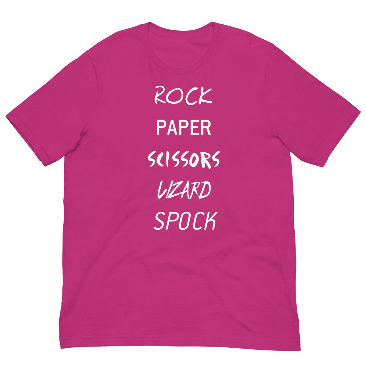 Pink T-shirt with white 'ROCK PAPER...' game graphic