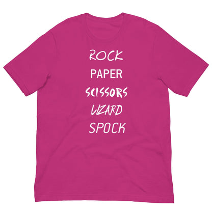 Pink T-shirt with white 'ROCK PAPER...' game graphic