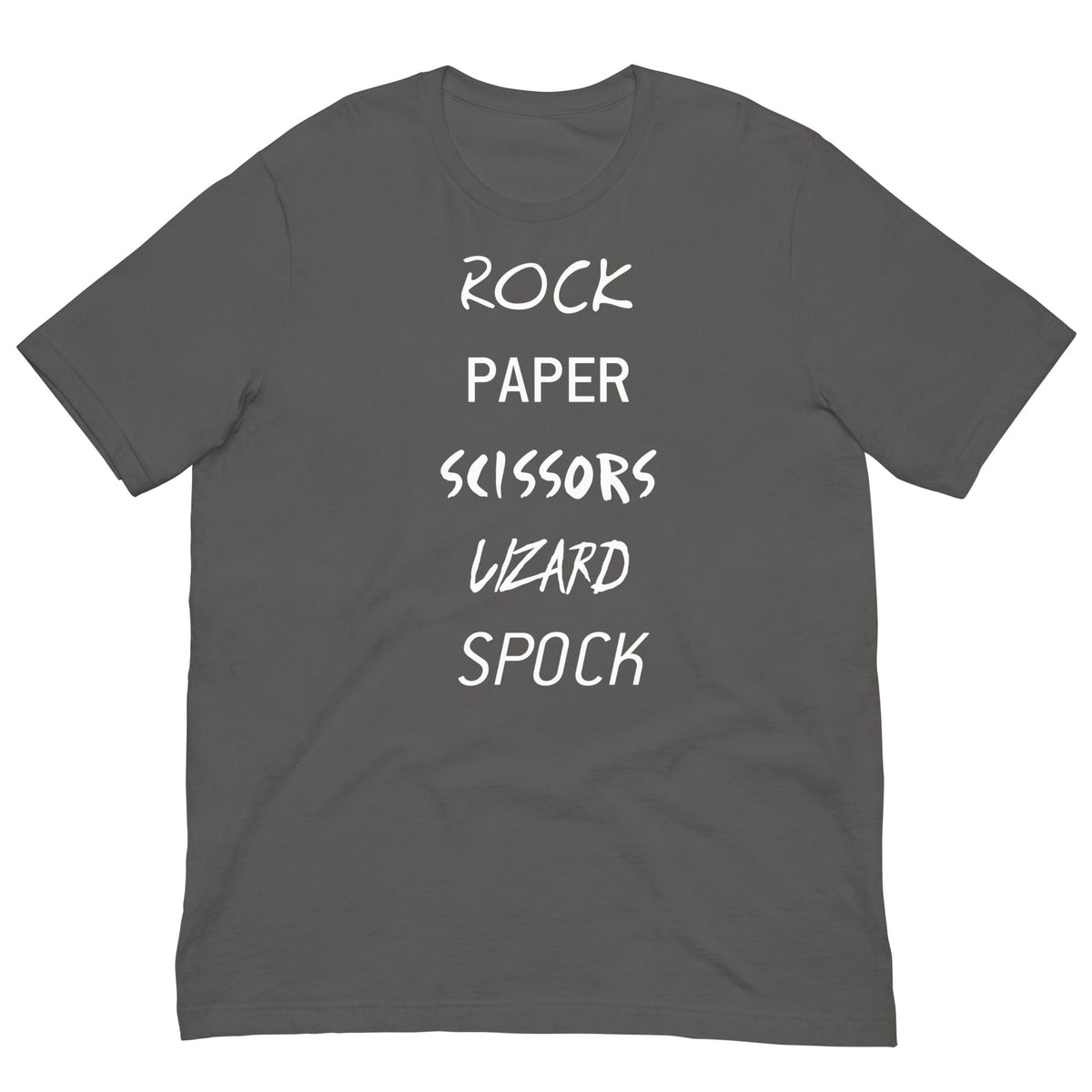 Charcoal T-shirt with white 'ROCK PAPER...' game graphic