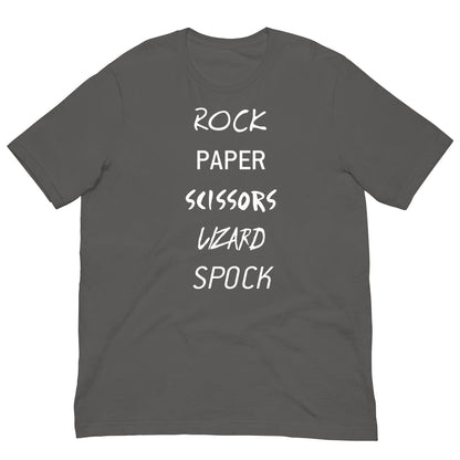 Charcoal T-shirt with white 'ROCK PAPER...' game graphic