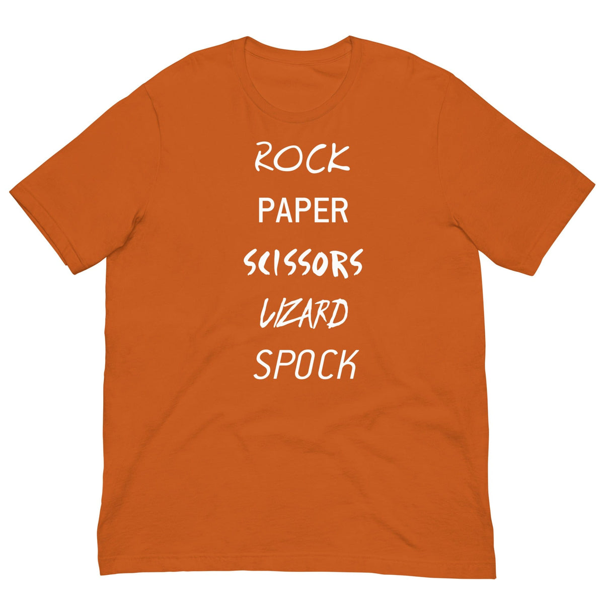 Orange T-shirt with white 'ROCK PAPER...' game graphic