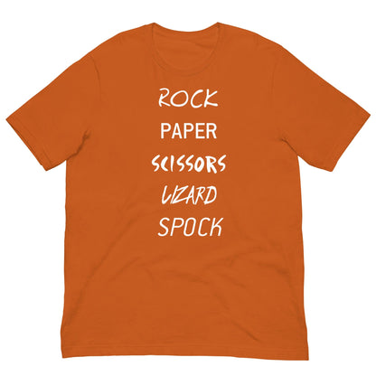 Orange T-shirt with white 'ROCK PAPER...' game graphic