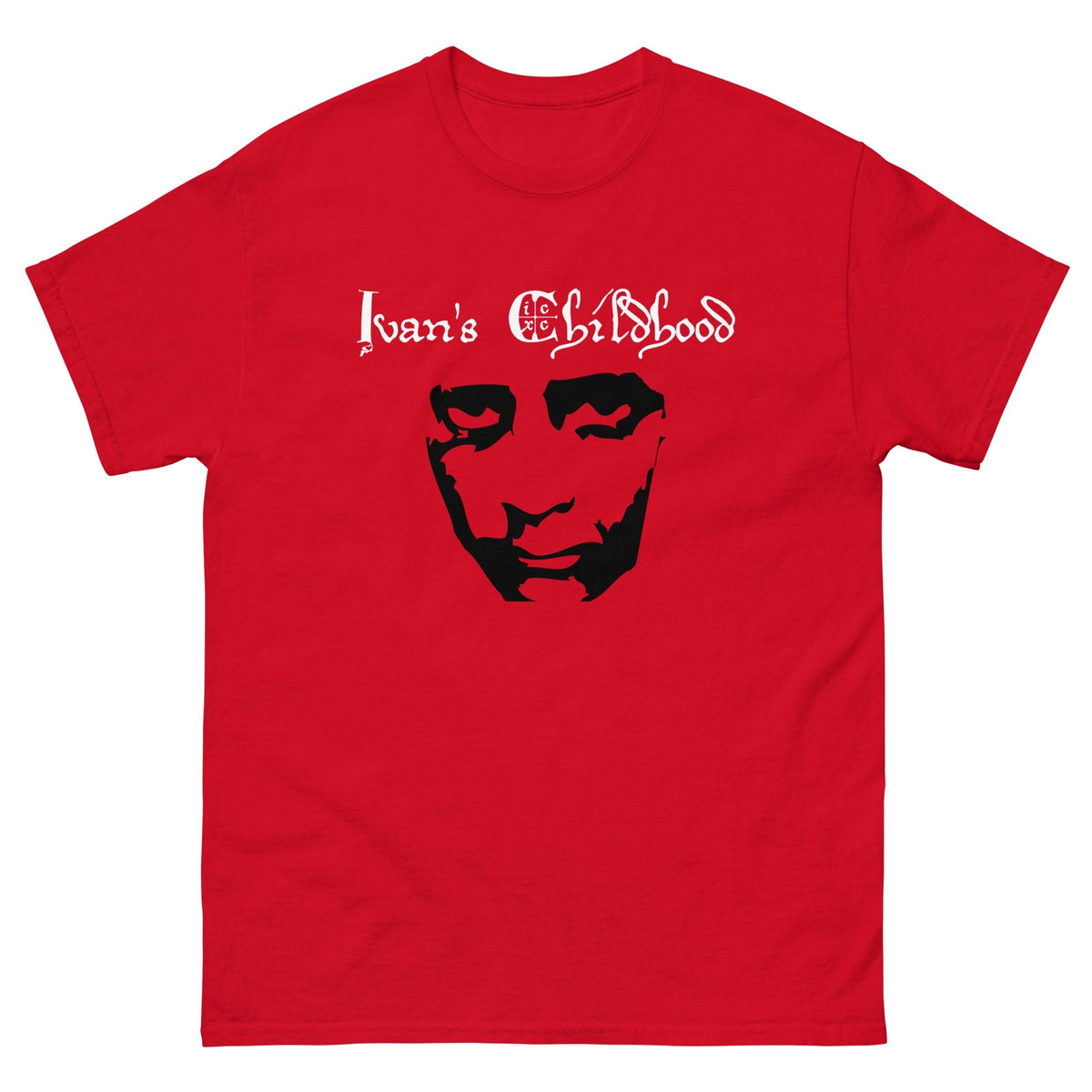 Red T-shirt with front graphic portrait and script text