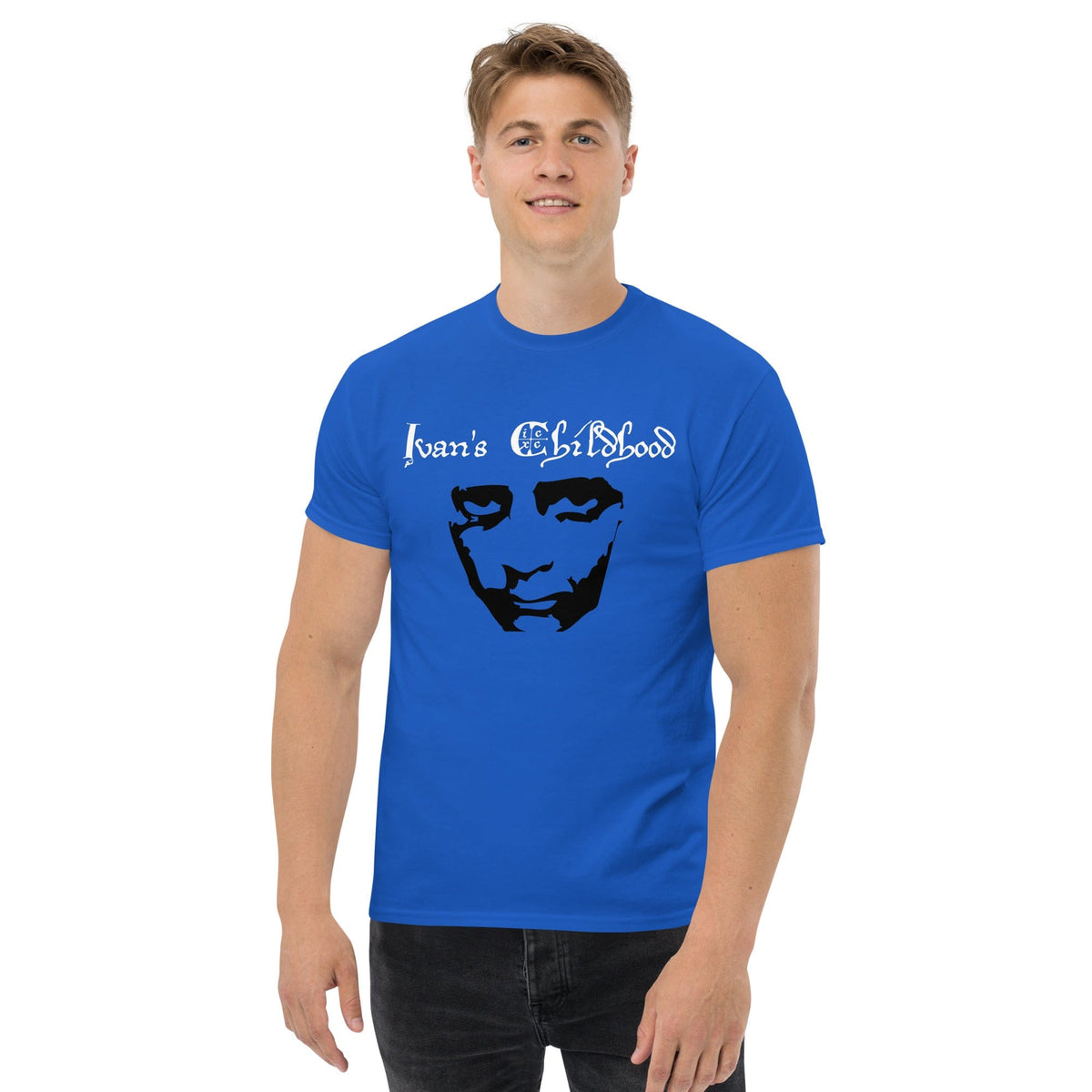 Blue T-shirt with front graphic portrait and script text