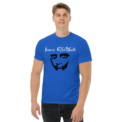 Blue T-shirt with front graphic portrait and script text
