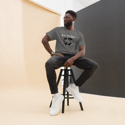 Charcoal T-shirt with front graphic portrait and script text