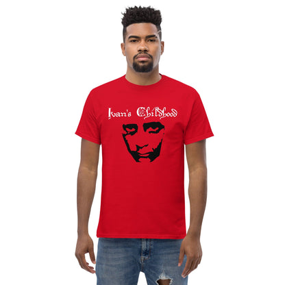Red T-shirt with front graphic portrait and script text