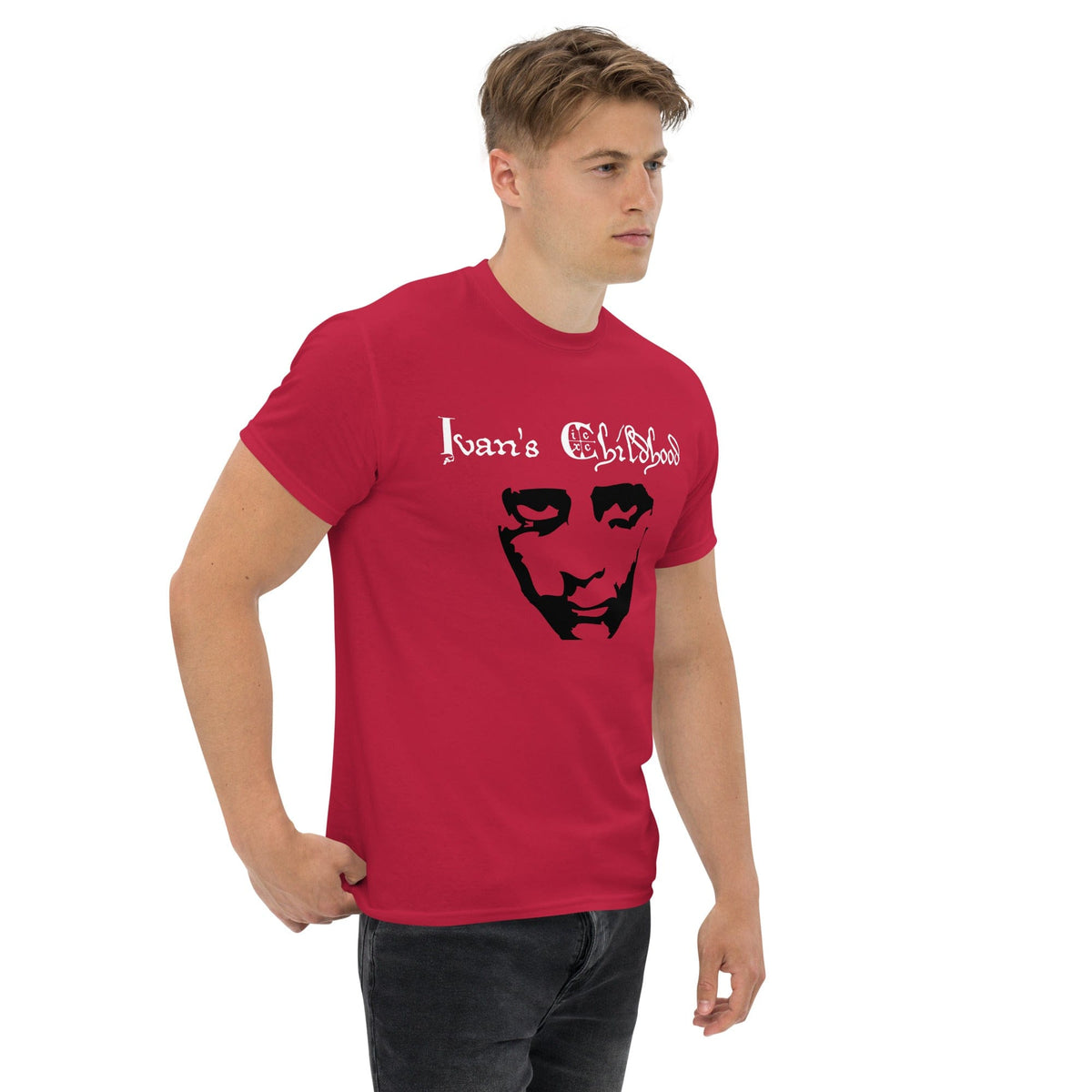 Red T-shirt with front graphic portrait and script text, side view