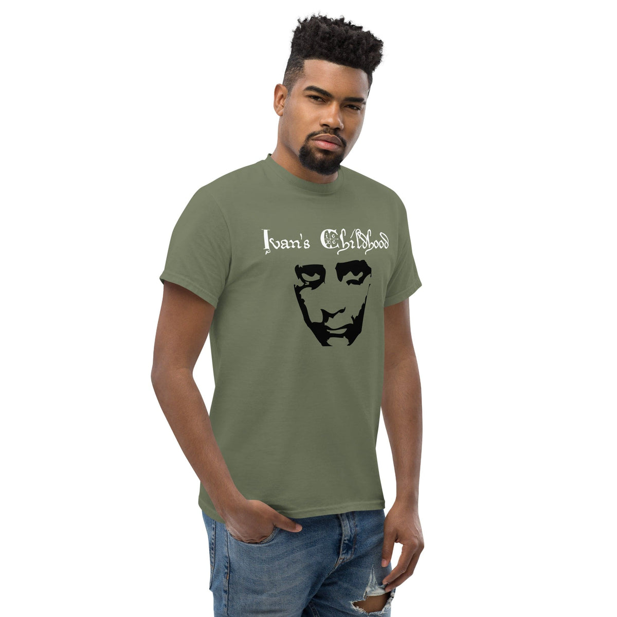 Olive green T-shirt with front graphic portrait and script text