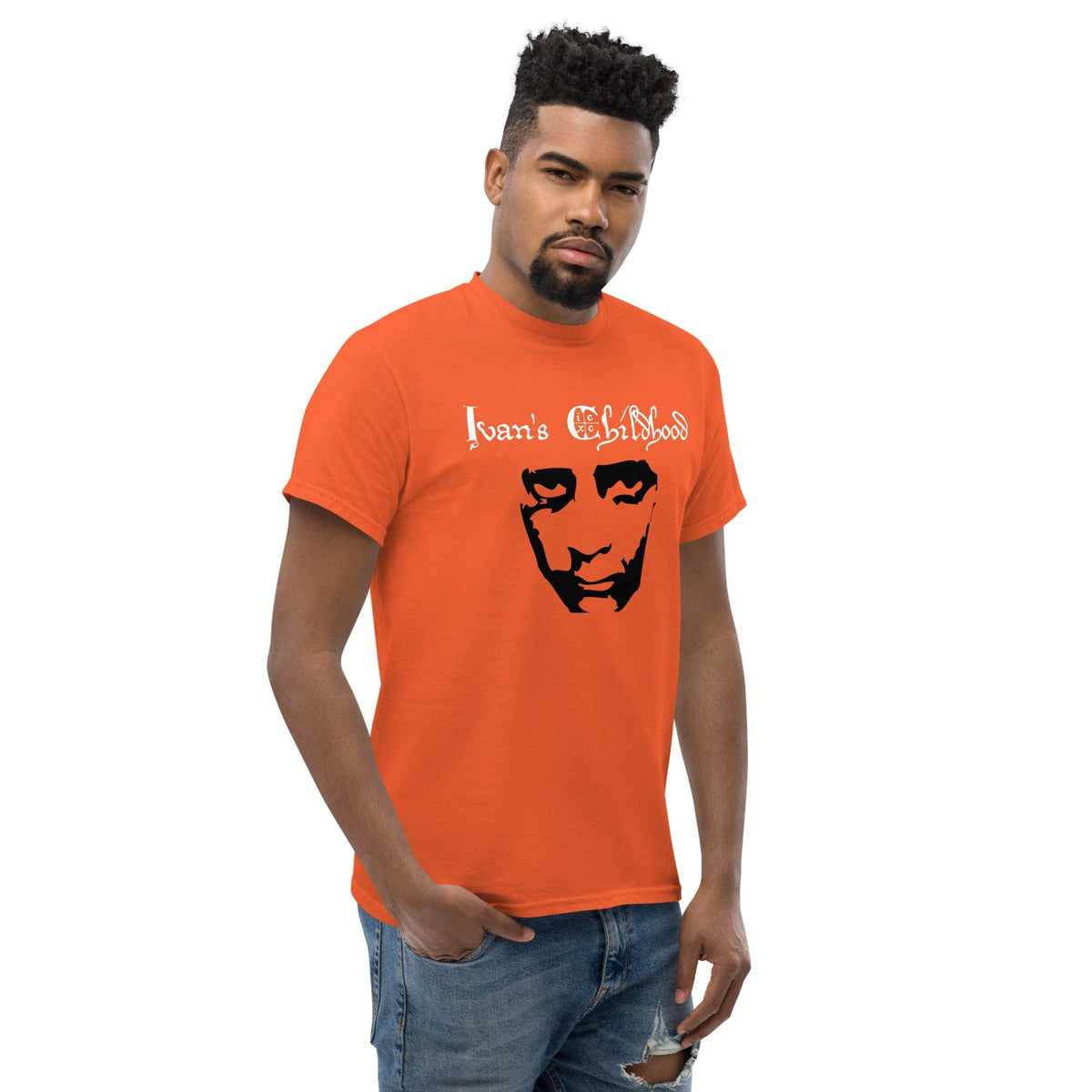 Orange T-shirt with front graphic portrait and script text