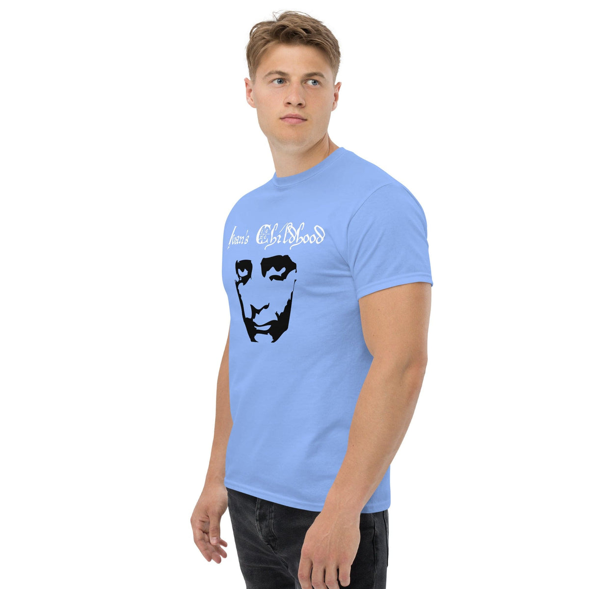 Light blue T-shirt with front graphic portrait and script text
