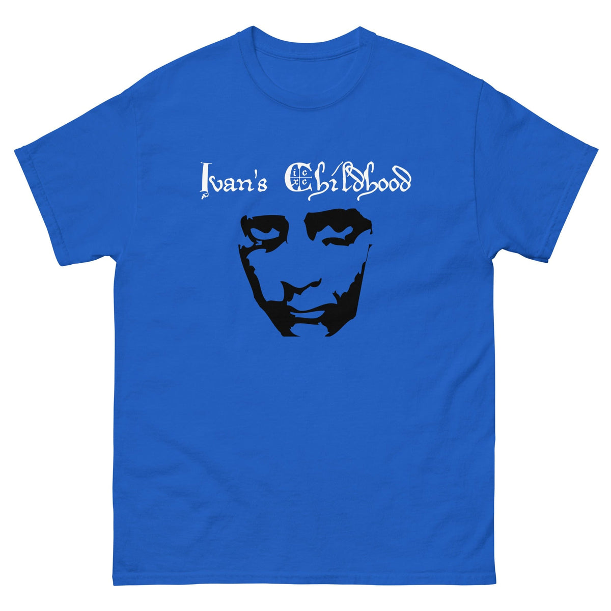 Royal blue T-shirt with front graphic portrait and script text