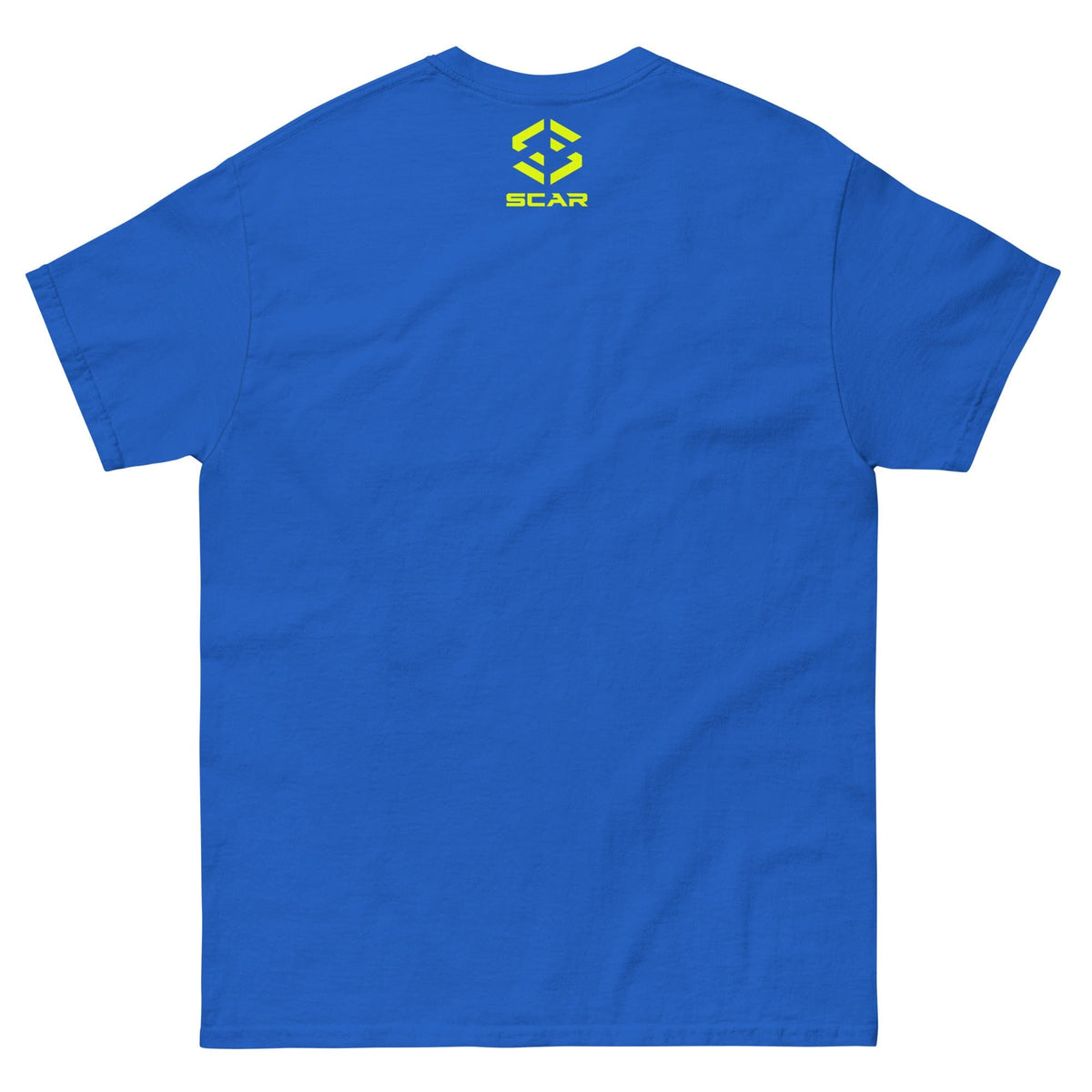 Royal blue T-shirt back with small yellow logo