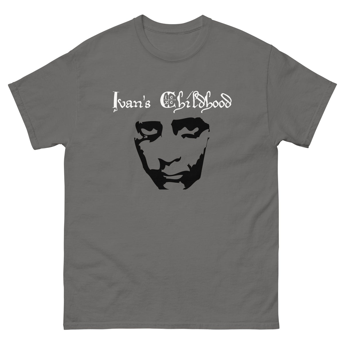 Charcoal gray T-shirt with crew neck and black front portrait graphic