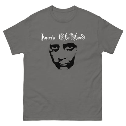 Charcoal gray T-shirt with crew neck and black front portrait graphic