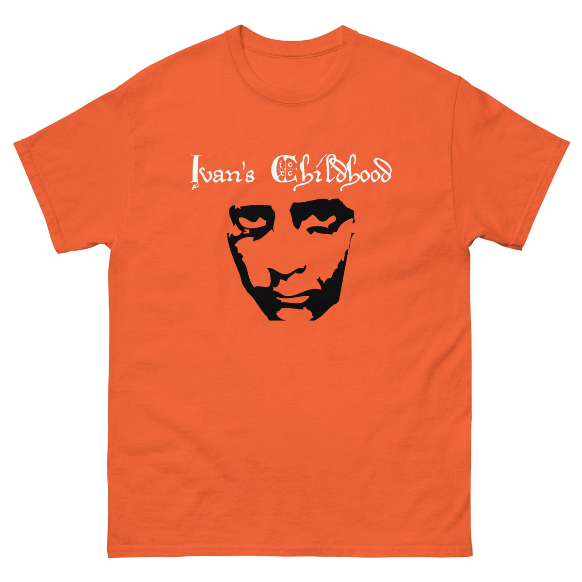 Orange T-shirt with crew neck and black front portrait graphic
