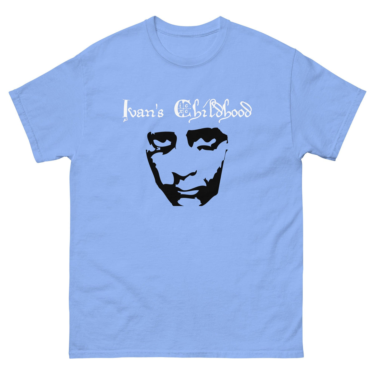 Light blue T-shirt with crew neck and black front portrait graphic