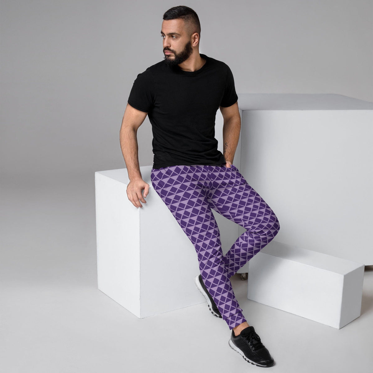 Joker men's joggers, purple geometric diamond pattern in side profile