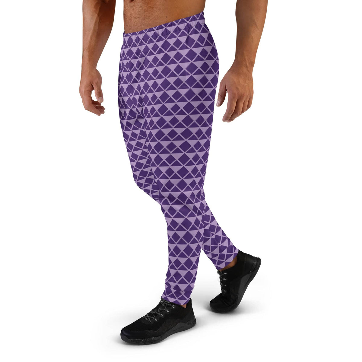 Joker men's joggers, side view in purple geometric diamond pattern