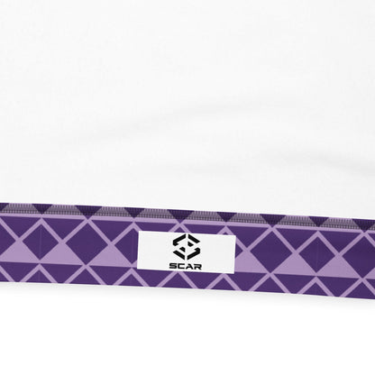Sweatshirt hem label with SCAR logo; purple fabric with geometric diamond pattern