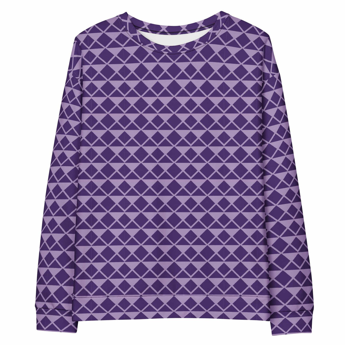 Purple unisex sweatshirt with geometric diamond grid pattern, crew neck and long sleeves