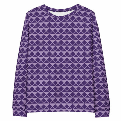 Purple unisex sweatshirt with geometric diamond grid pattern, crew neck and long sleeves